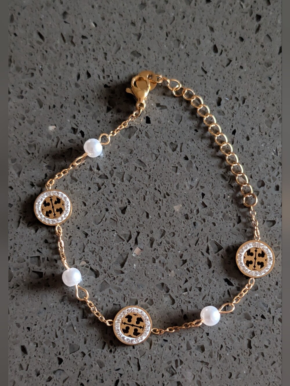 Gold Pearl Accent Bracelet with Crystal Medallions- Inspired Bracelet Nwot